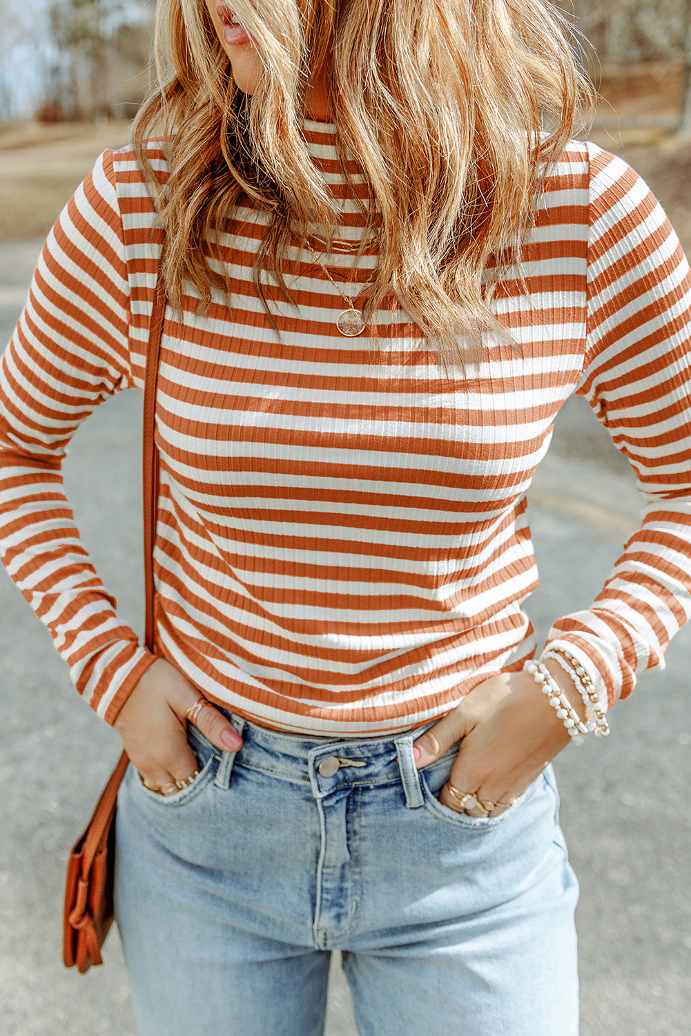 Stripes Print Ribbed Knit Long Sleeve Casual Mock Neck Top