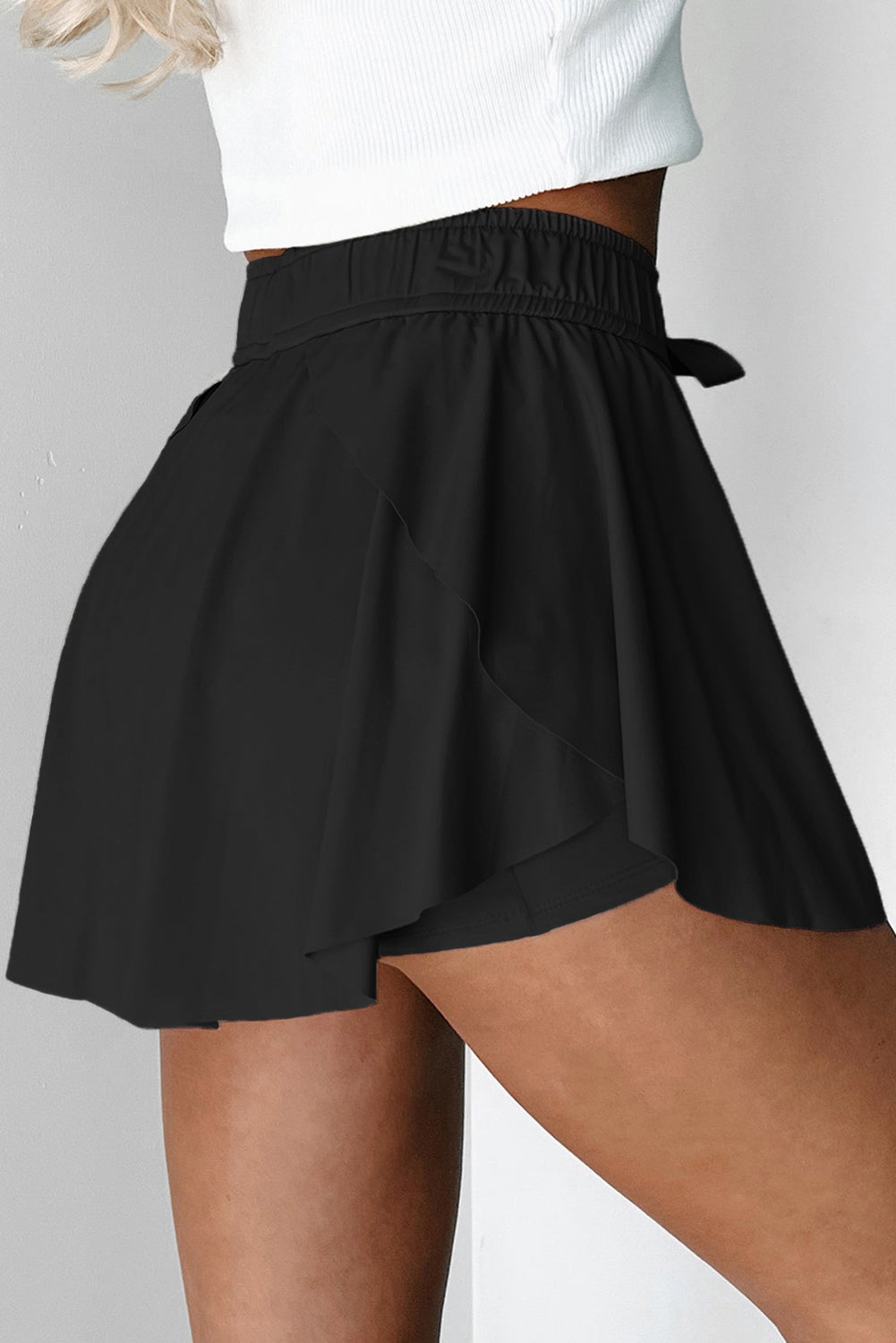 Black Drawstring High Waist Lined Tennis Skort - Kustom Kreations Goods