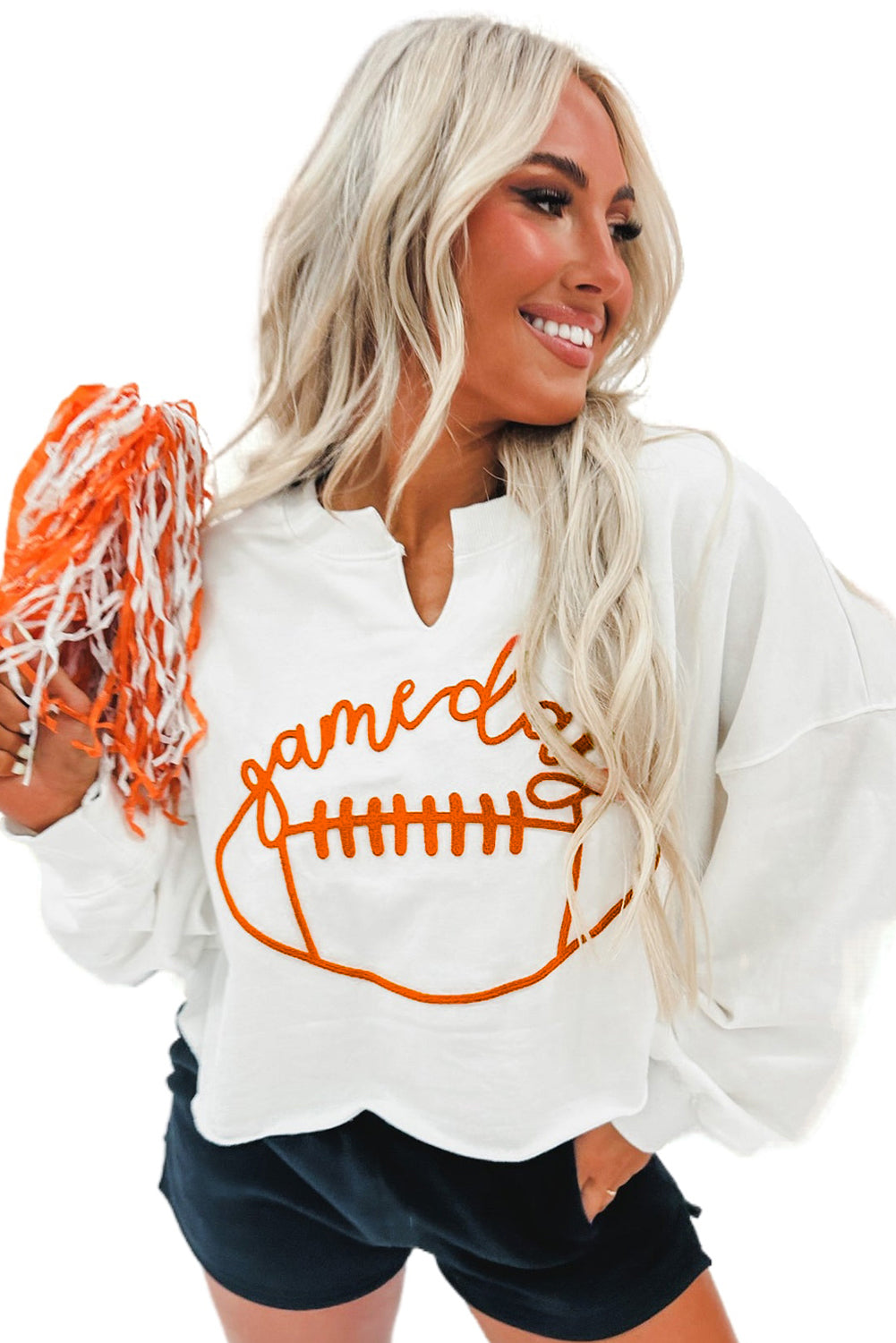 Bright White Game Day Lettering Rugby Notched Neck Cropped Sweatshirt