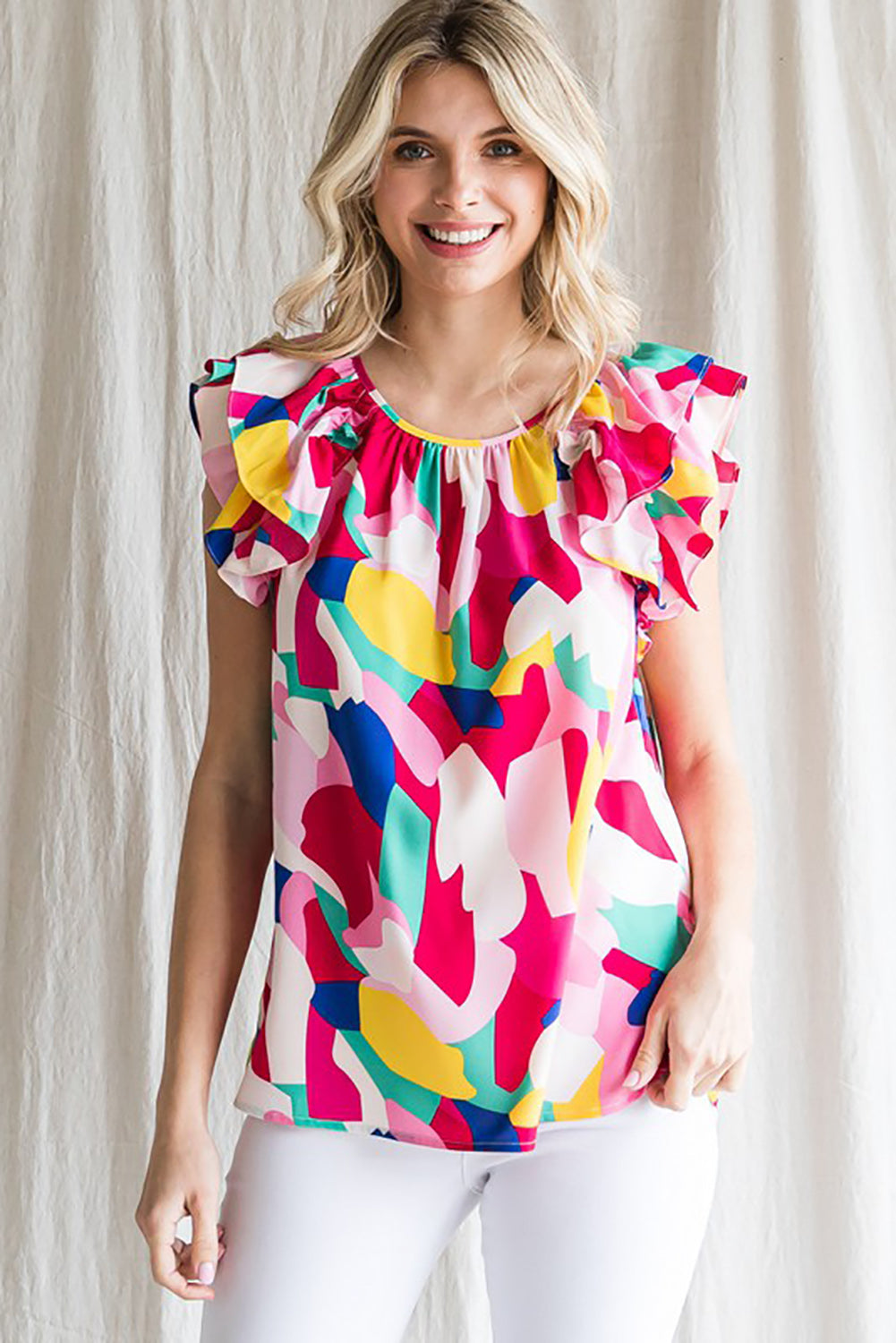 Multicolor Abstract Pattern Ruffle Sleeve Blouse
