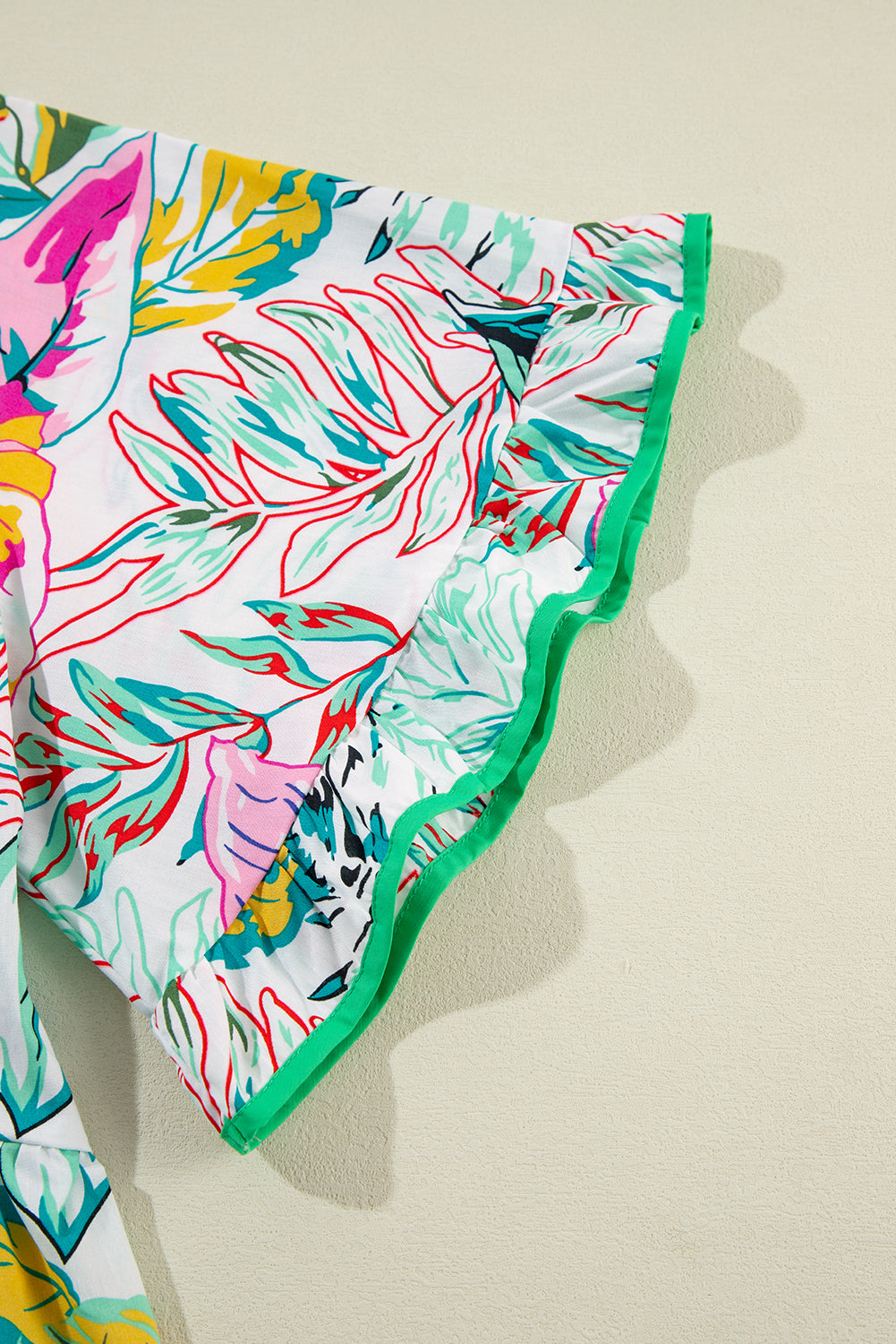White Tropical Plant Print Tie Neck Ruffle Blouse