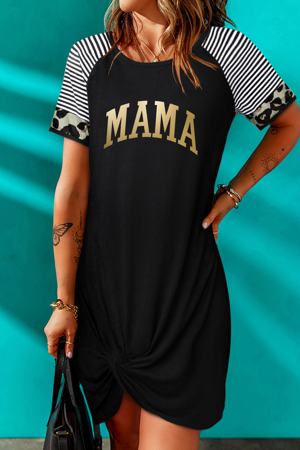 MAMA Graphic Striped Raglan Sleeve Twisted Dress