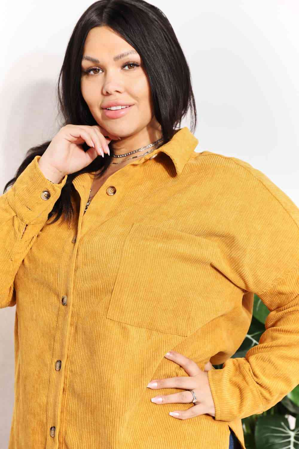 HEYSON Full Size Oversized Corduroy  Button-Down Tunic Shirt with Bust Pocket