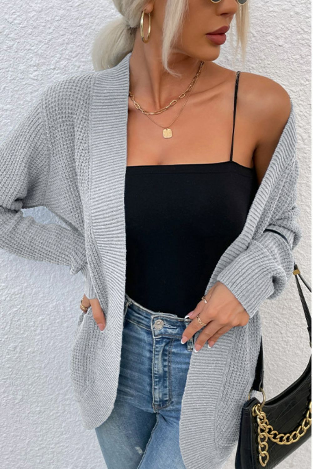 Ribbed Trim Longline Cardigan with Pockets