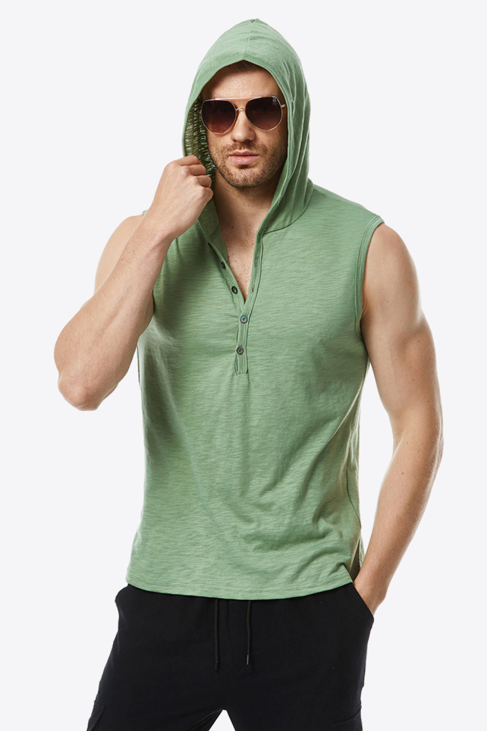 Quarter-Button Sleeveless Hoodie