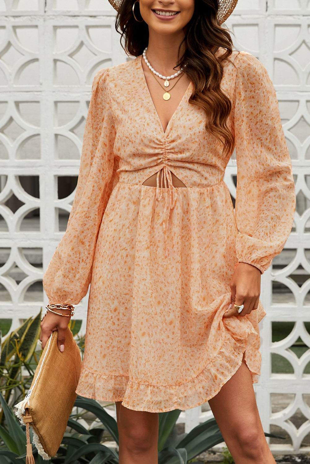 Ditsy Floral Cutout Drawstring Detail Puff Sleeve Dress