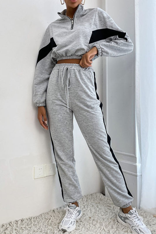 Contrast Quarter-Zip Cropped Sweatshirt and Joggers Set