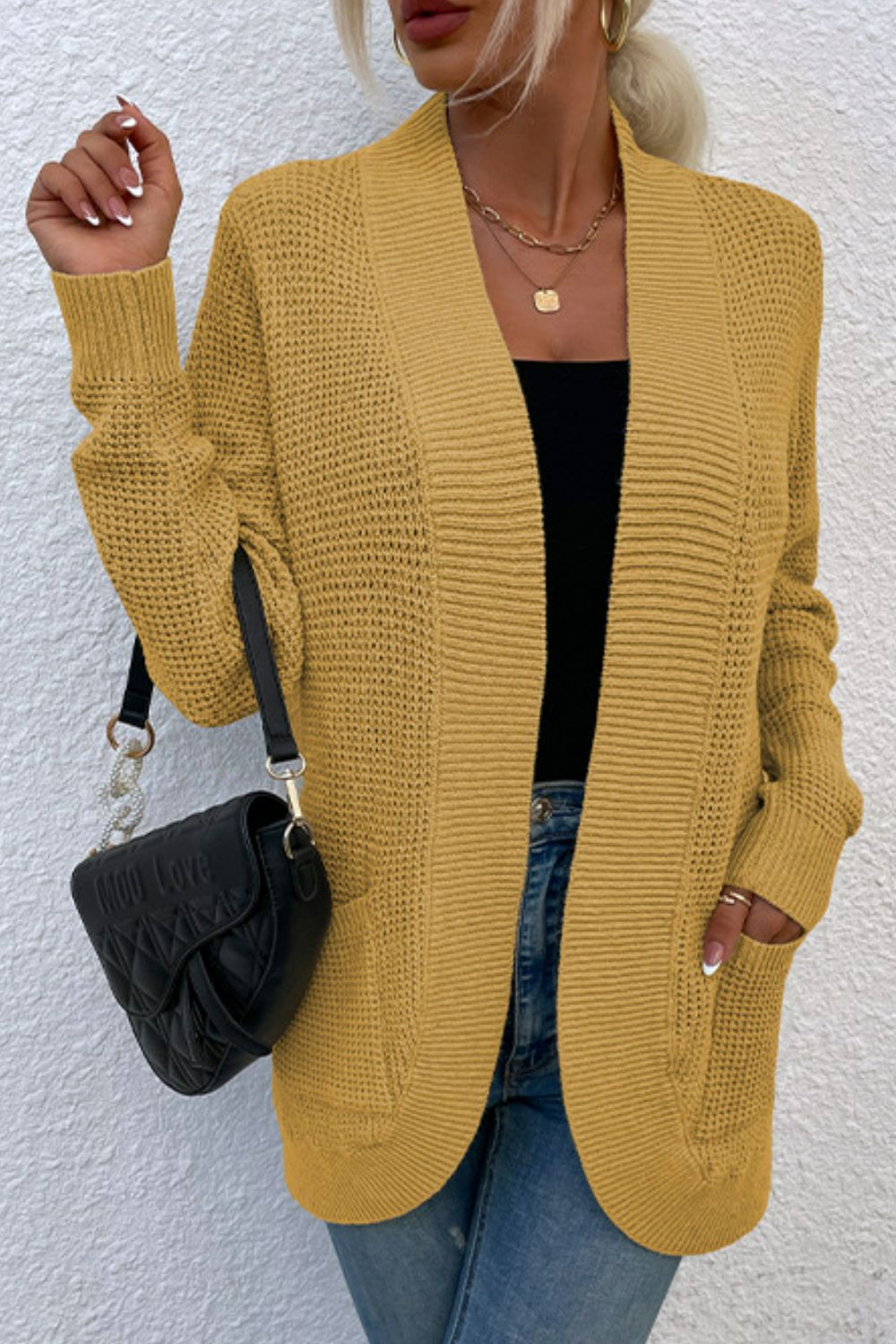 Ribbed Trim Longline Cardigan with Pockets