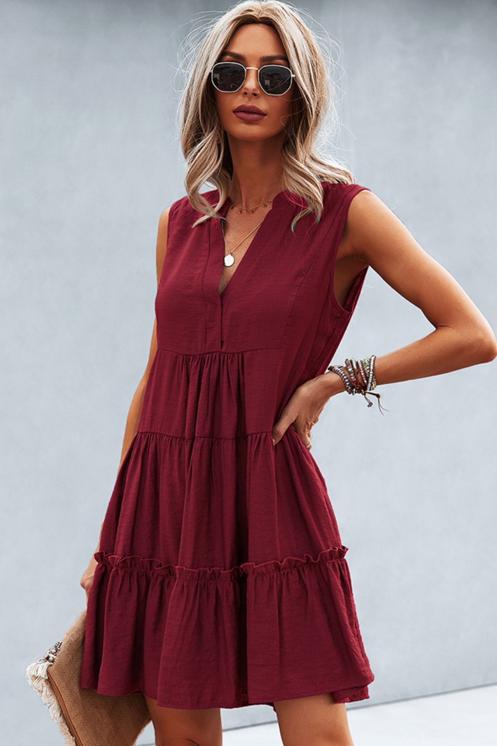 Frill Trim Notched Sleeveless Tiered Dress