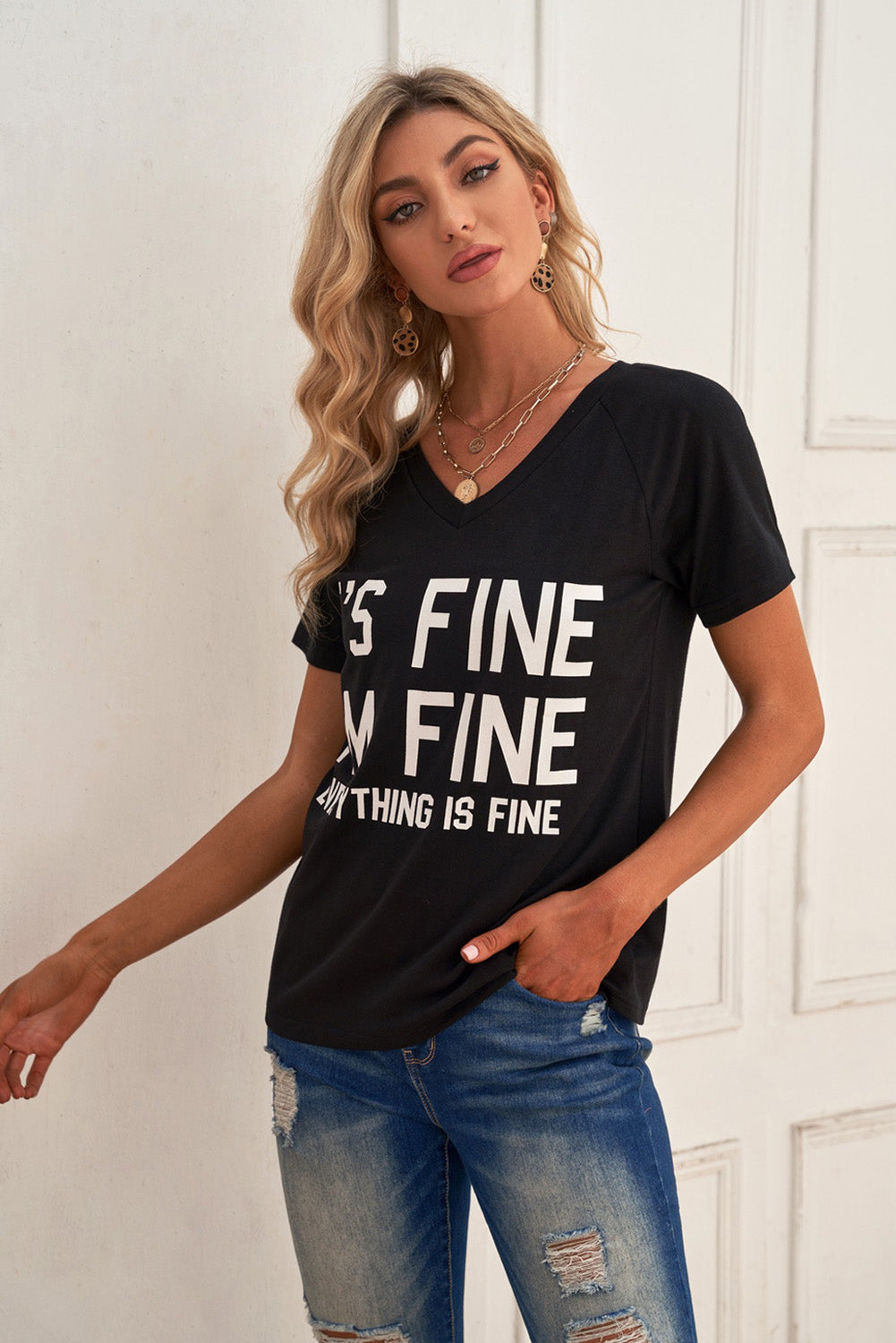 Slogan Graphic V-Neck Short Raglan Sleeve Tee