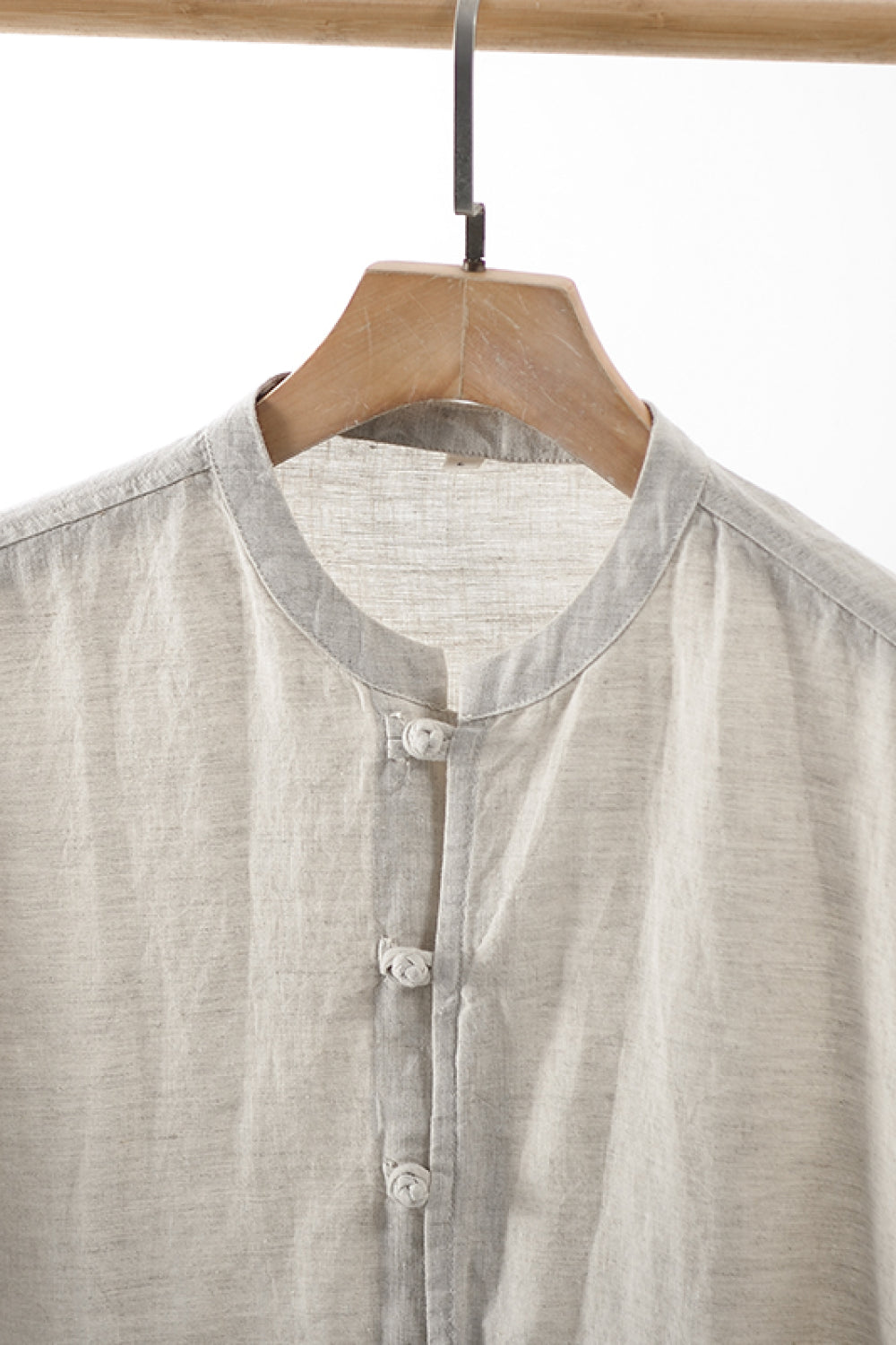 Buttoned Round Neck Short Sleeve Linen Shirt