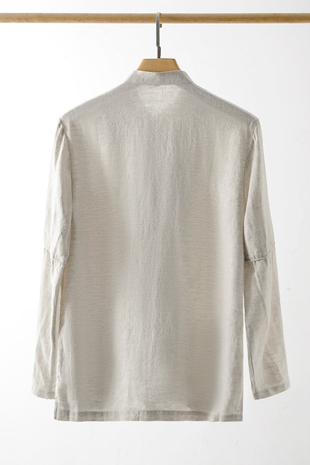 Buttoned Round Neck Long Sleeve Linen Shirt with Pockets