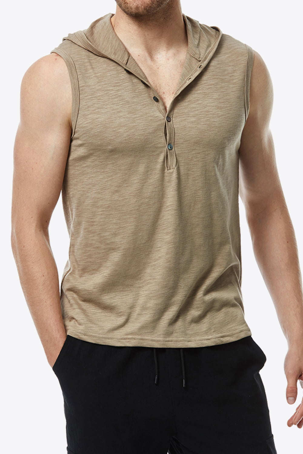 Quarter-Button Sleeveless Hoodie