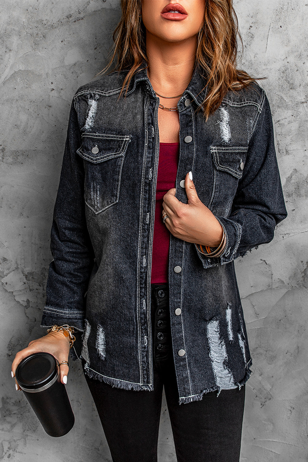 Distressed Raw Hem Denim Jacket with Pockets