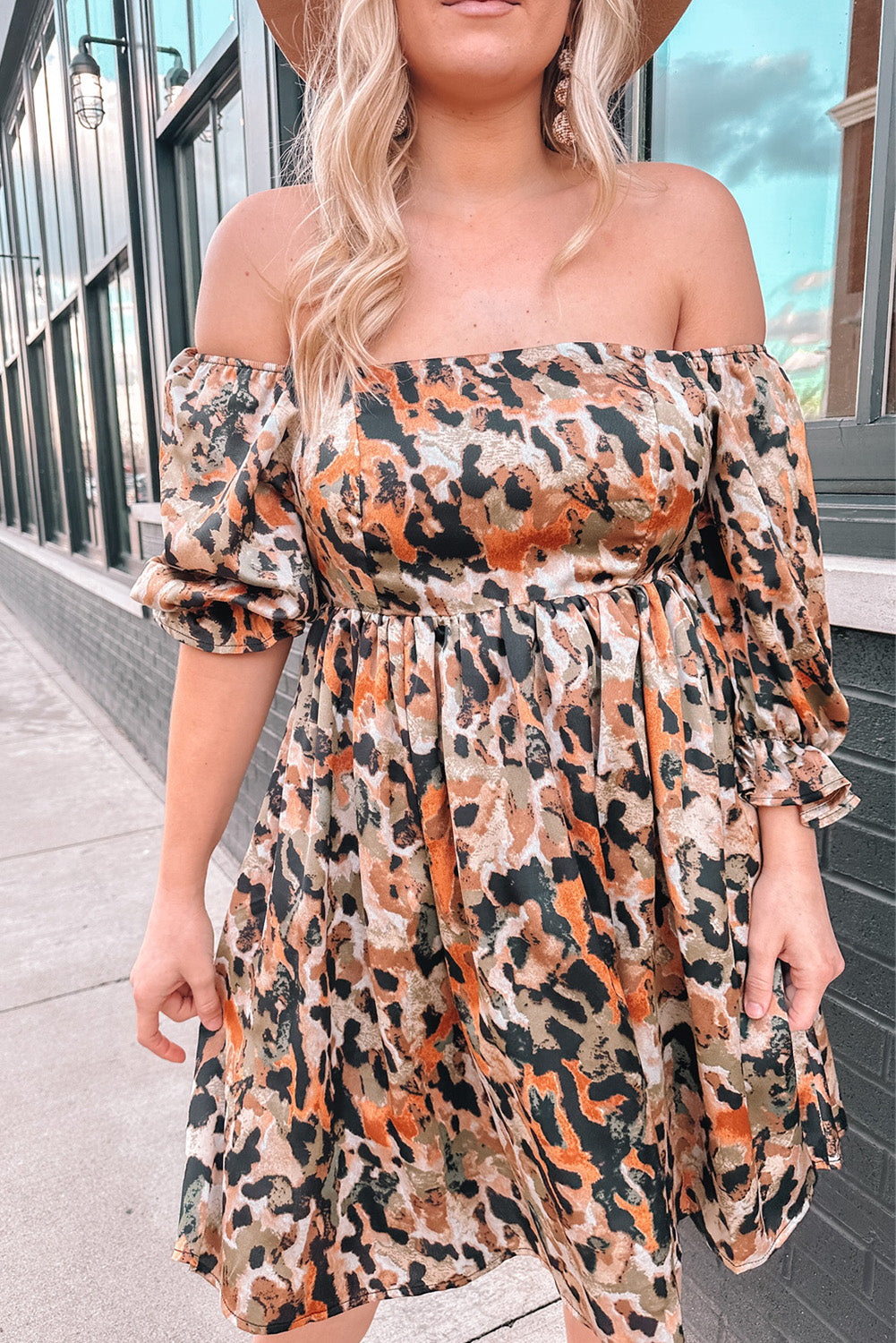 Printed Off-Shoulder Smocked Dress