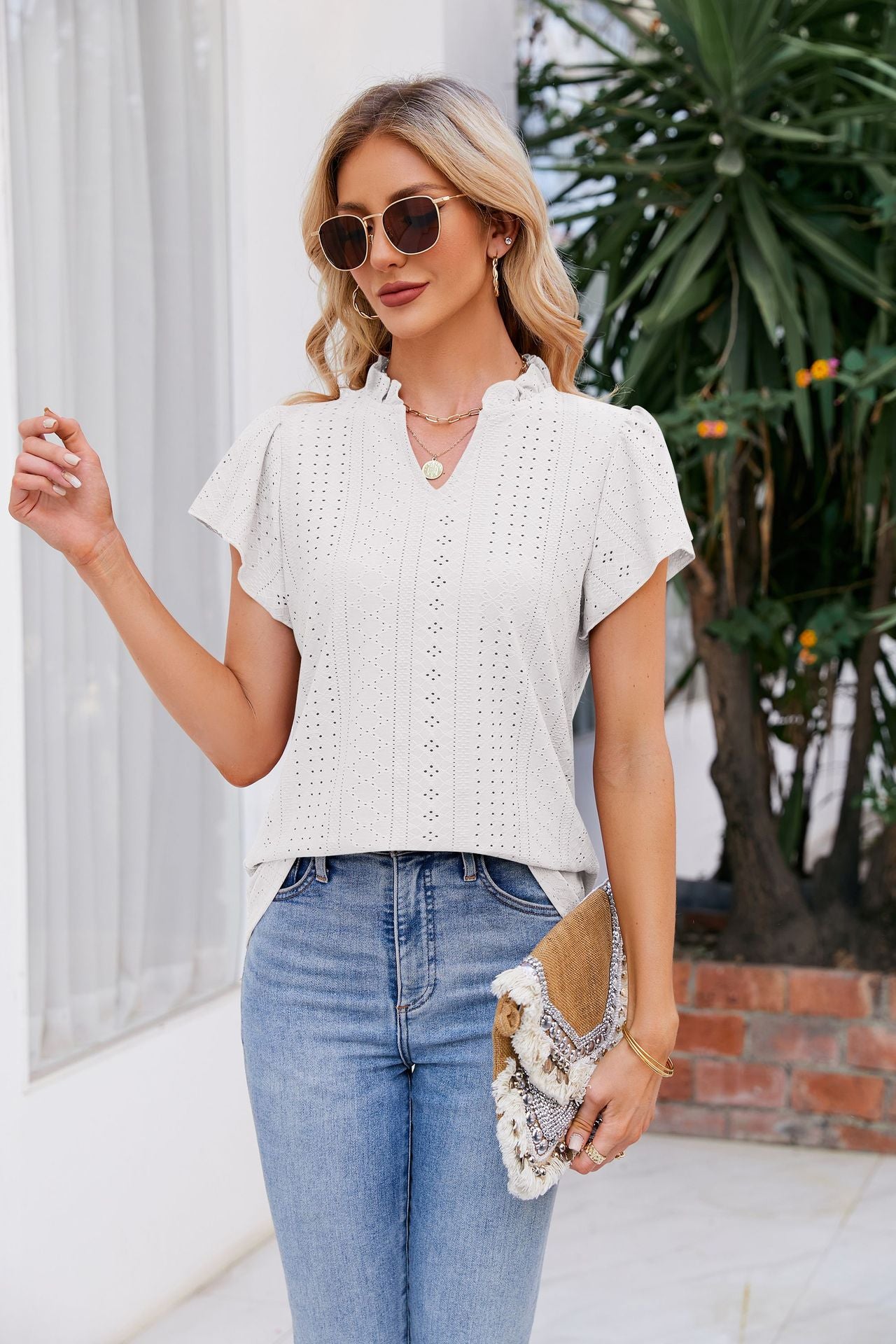 Notched Neck Puff Sleeve Blouse