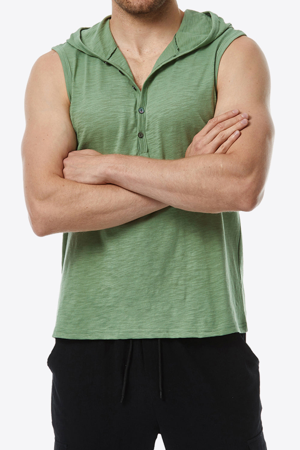 Quarter-Button Sleeveless Hoodie