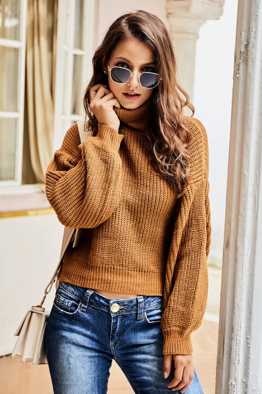 Woven Right Turtleneck Dropped Shoulder Rib-Knit Sweater