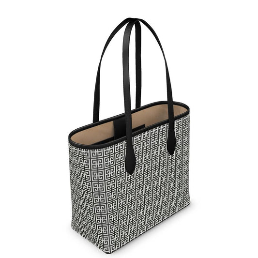 Gray and Black Greek Key Leather City Shopper