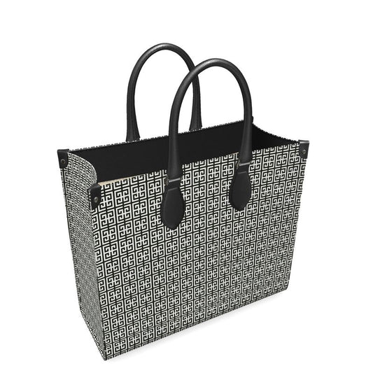Gray and Black Greek KeyLeather Shopper Bag