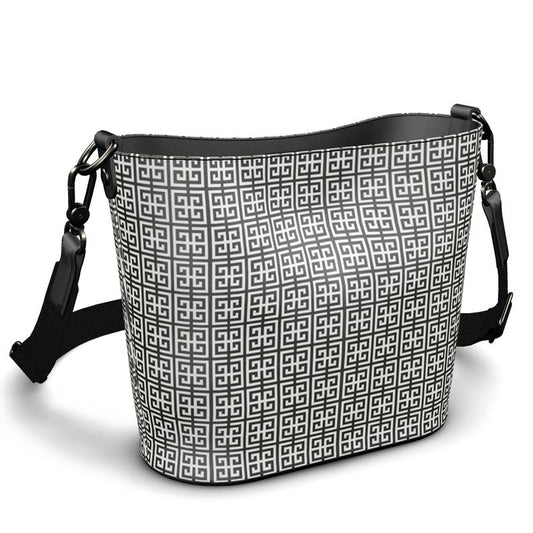 Gray and Black Greek Key Penzance Large Leather Bucket Tote