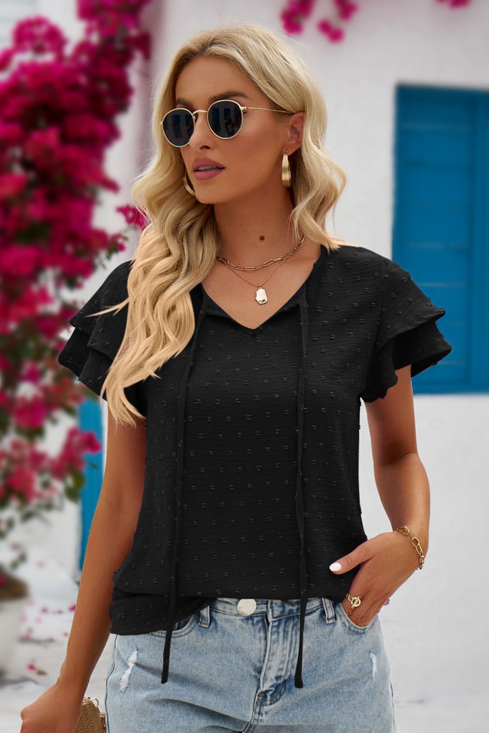 Swiss Dot Tie-Neck Flutter Sleeve Blouse