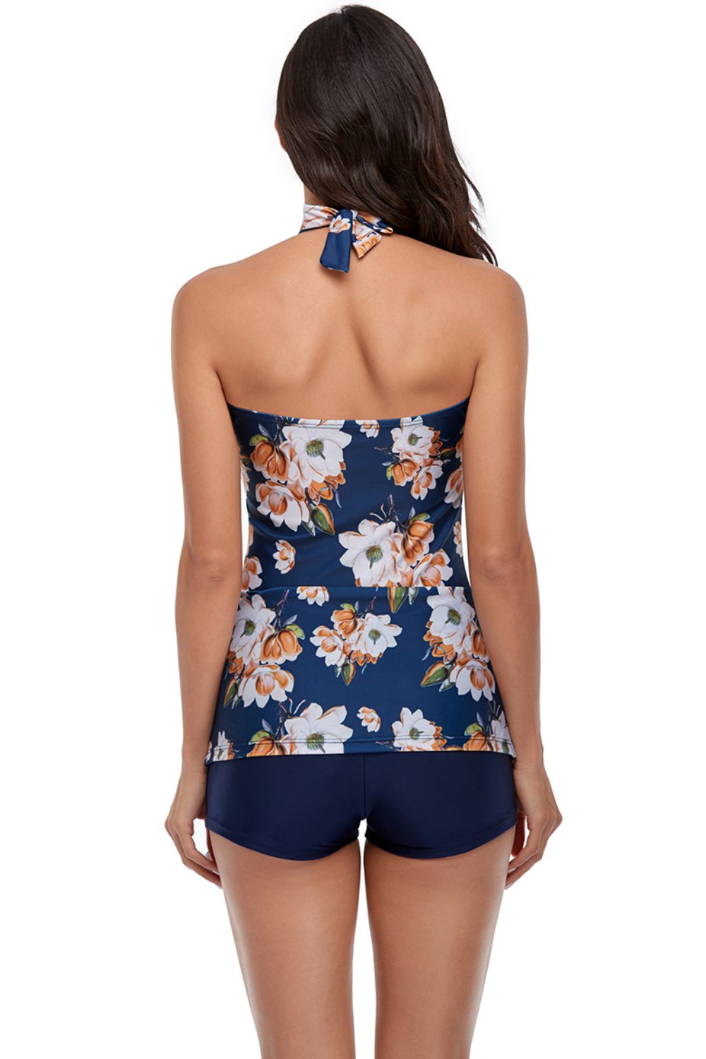 Floral Gathered Detail Tied Backless Tankini Set