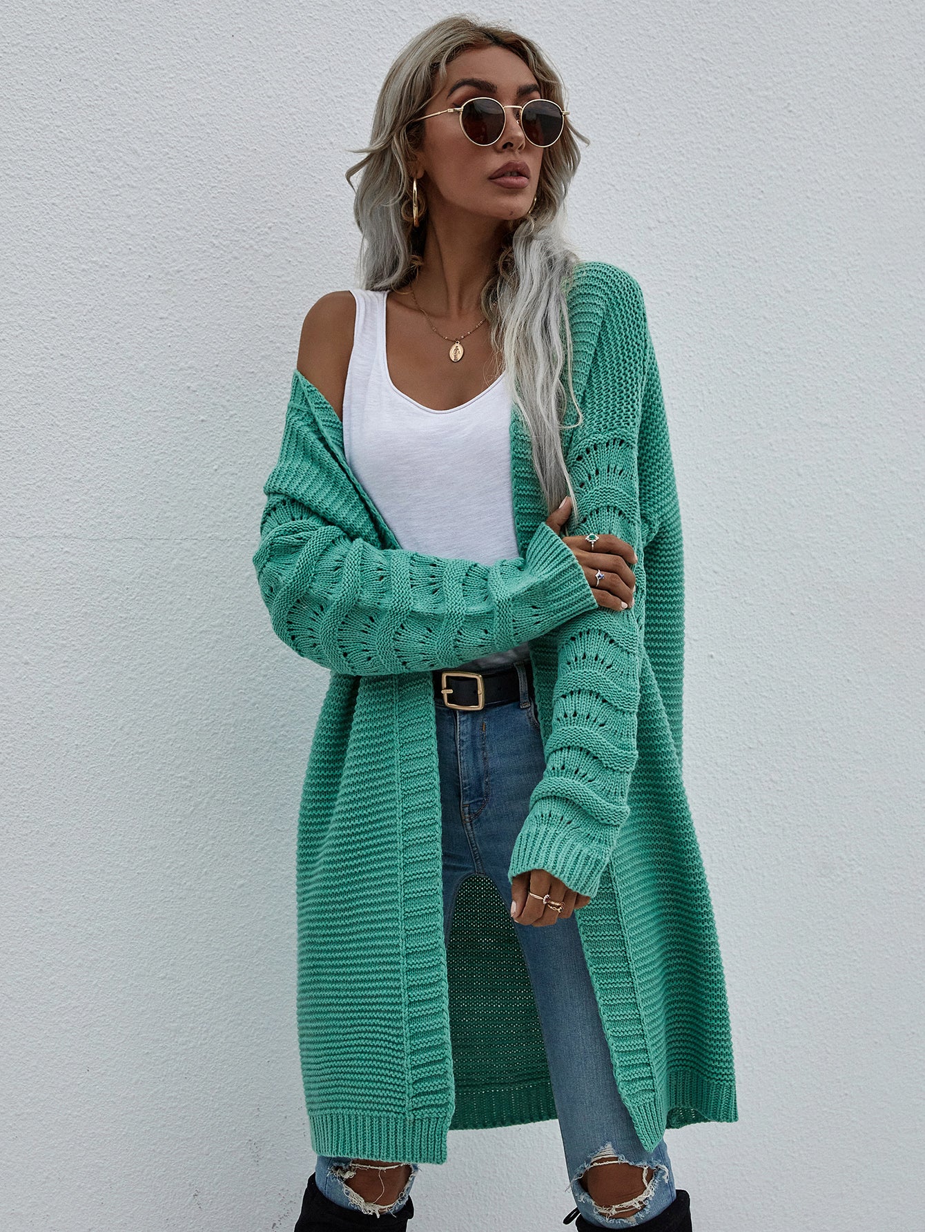 Horizontal Ribbing Open Front Duster Cardigan