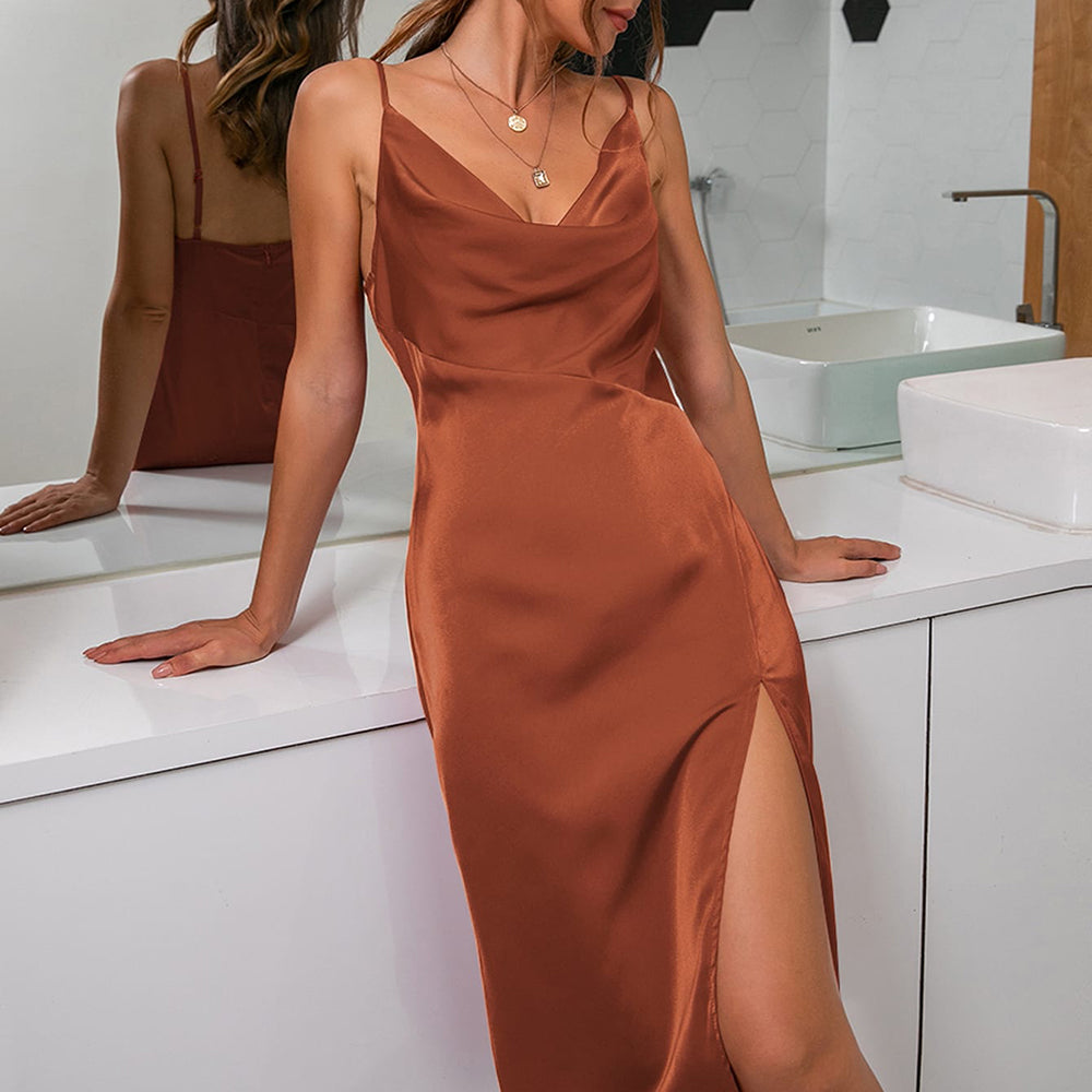 Spaghetti Strap Cowl Neck Slit Dress