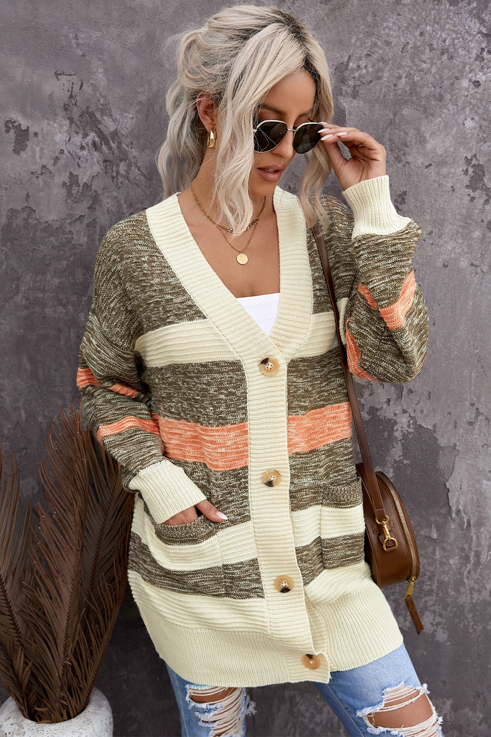 Woven Right Striped Button Down Longline Cardigan with Pockets