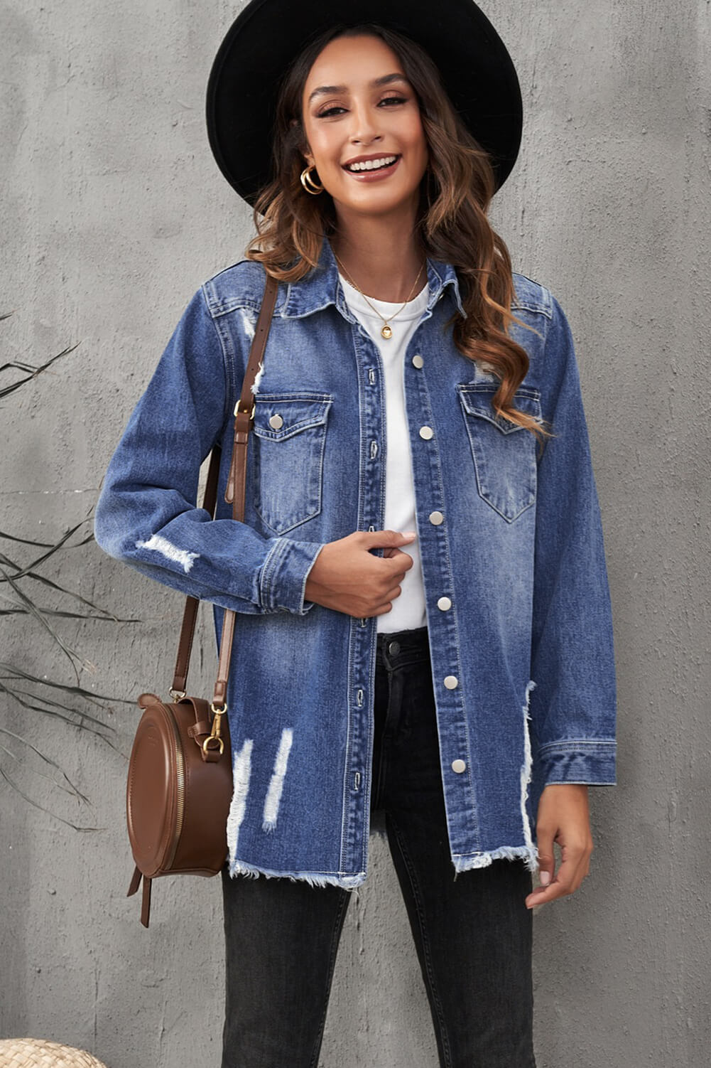 Distressed Raw Hem Denim Jacket with Pockets