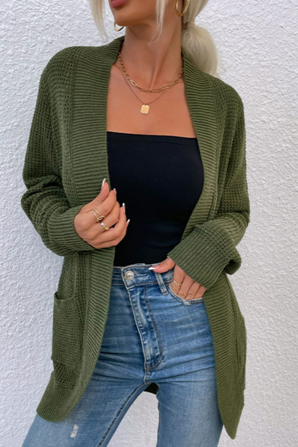 Ribbed Trim Longline Cardigan with Pockets