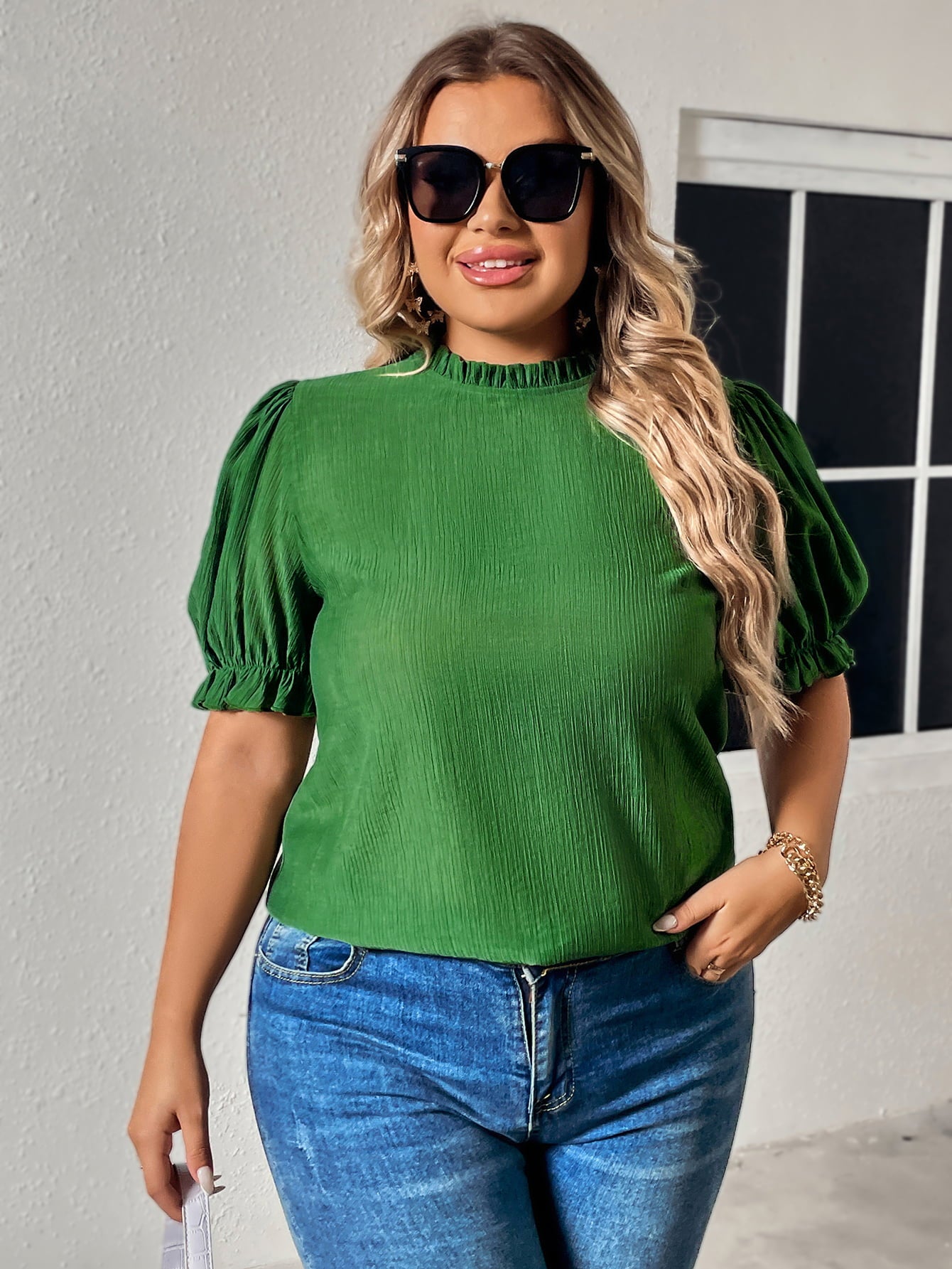 Plus Size Round Neck Flounce Sleeve Blouse