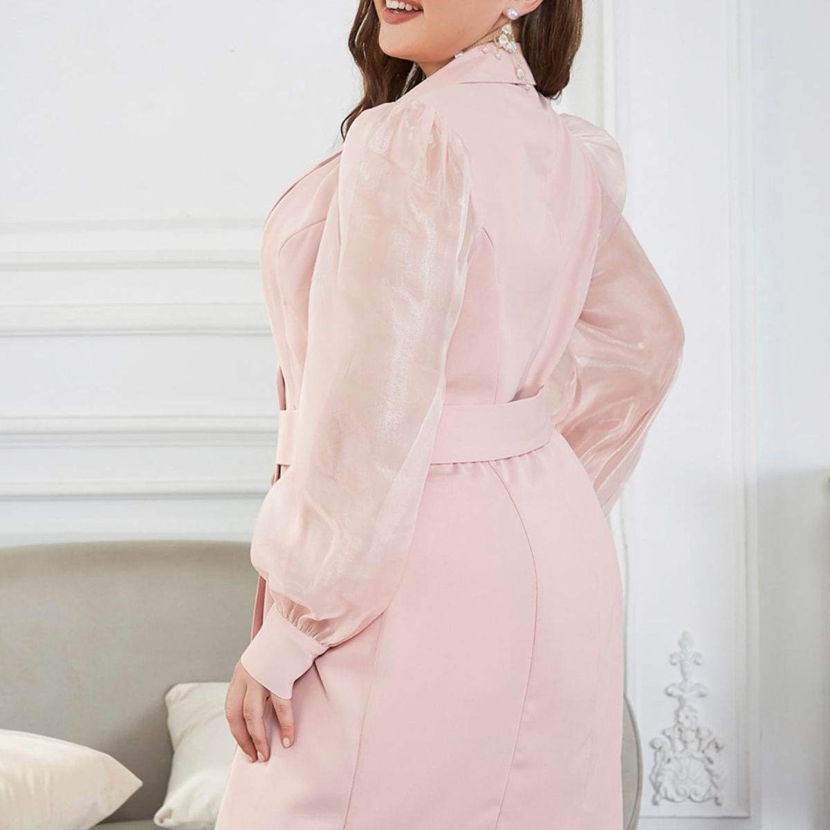 Plus Size Lapel Collar Belted Bishop Sleeve Dress