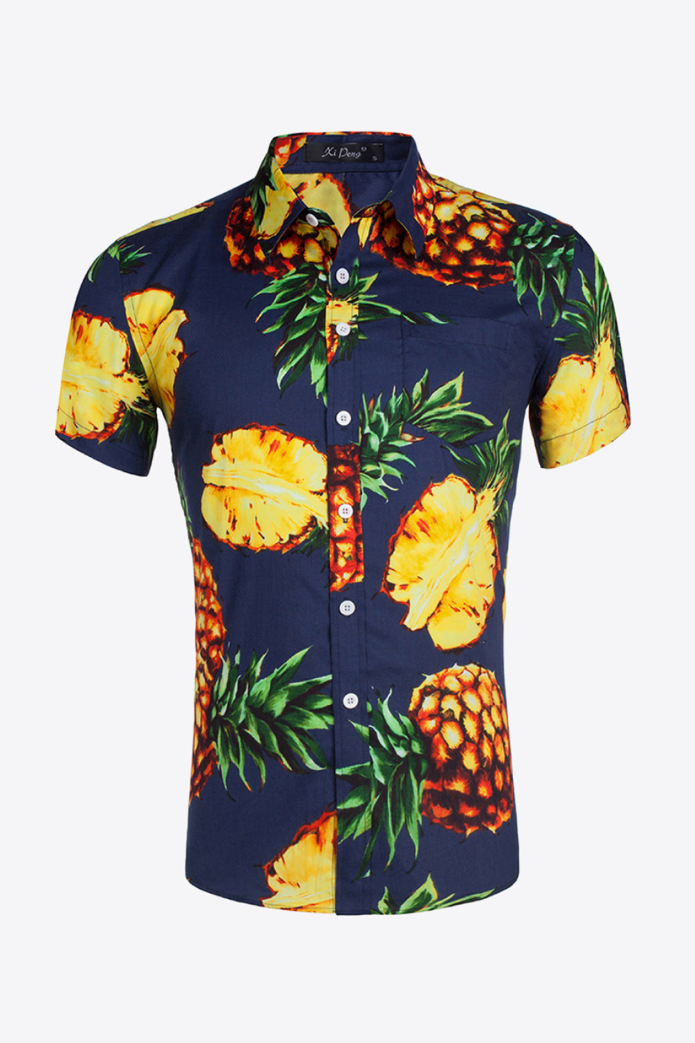 Pineapple Print Collared Short Sleeve Beach Shirt