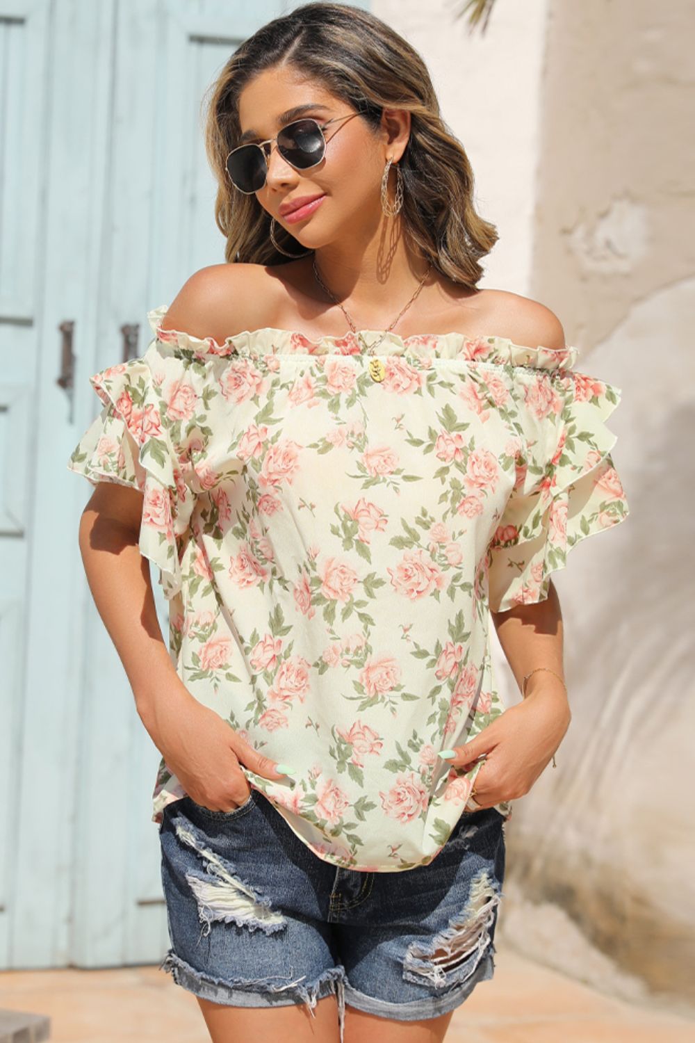 Floral Frill Trim Off-Shoulder Blouse