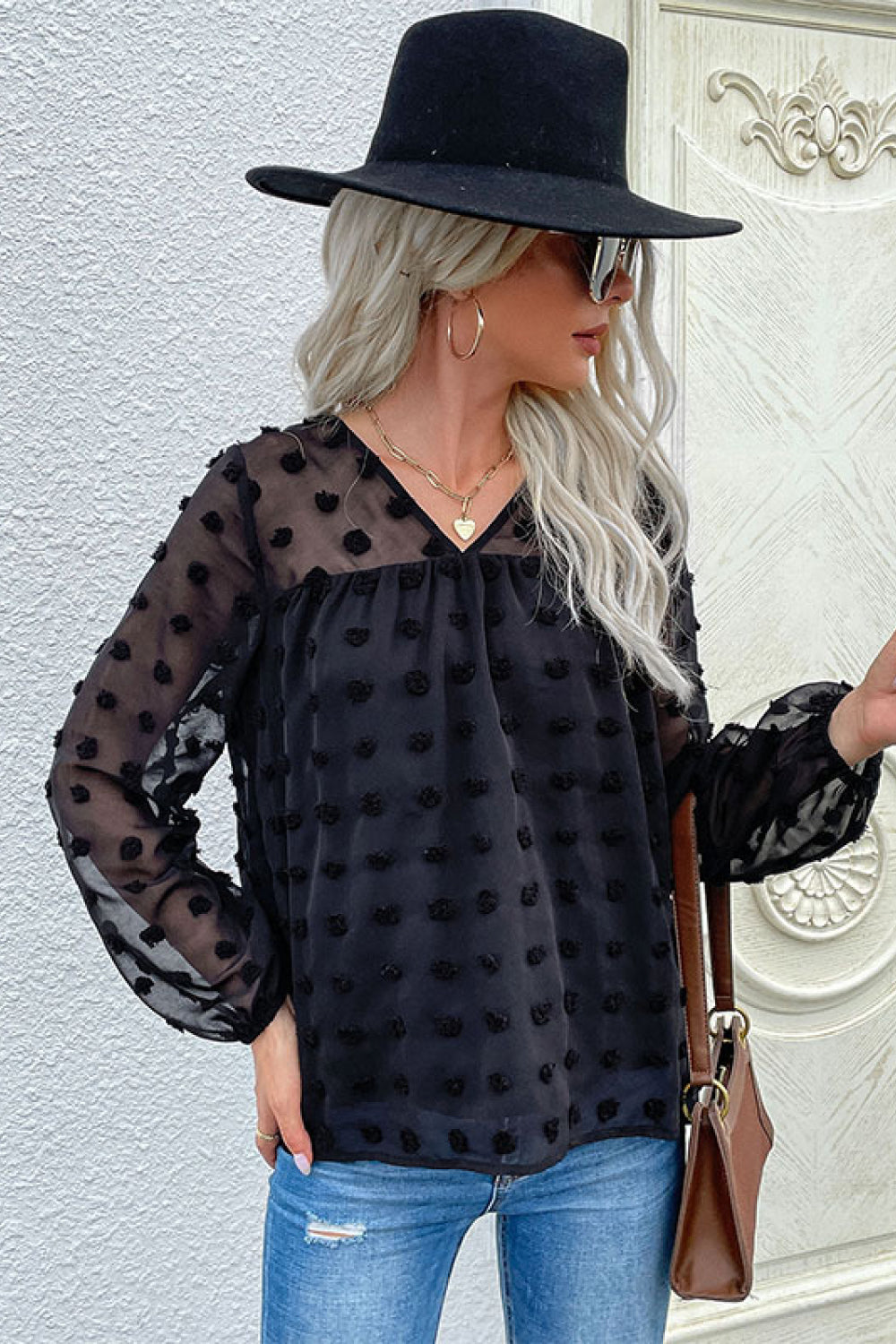 Swiss Dot V-Neck Blouse