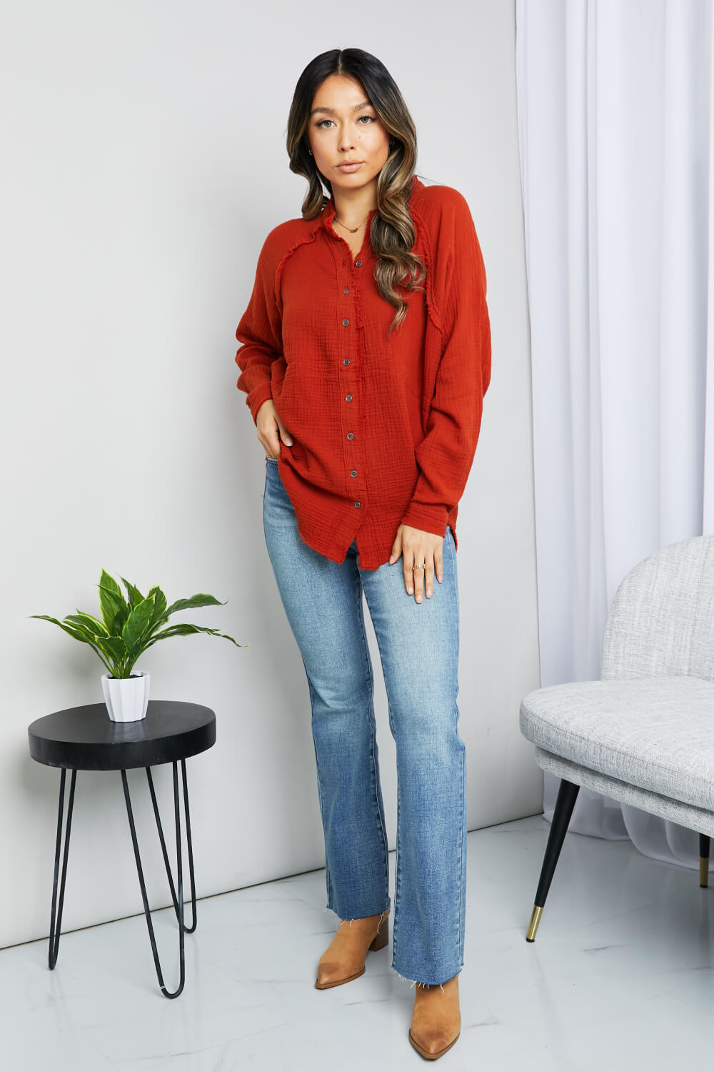 Zenana Frayed Trim Button-Up Textured Shirt
