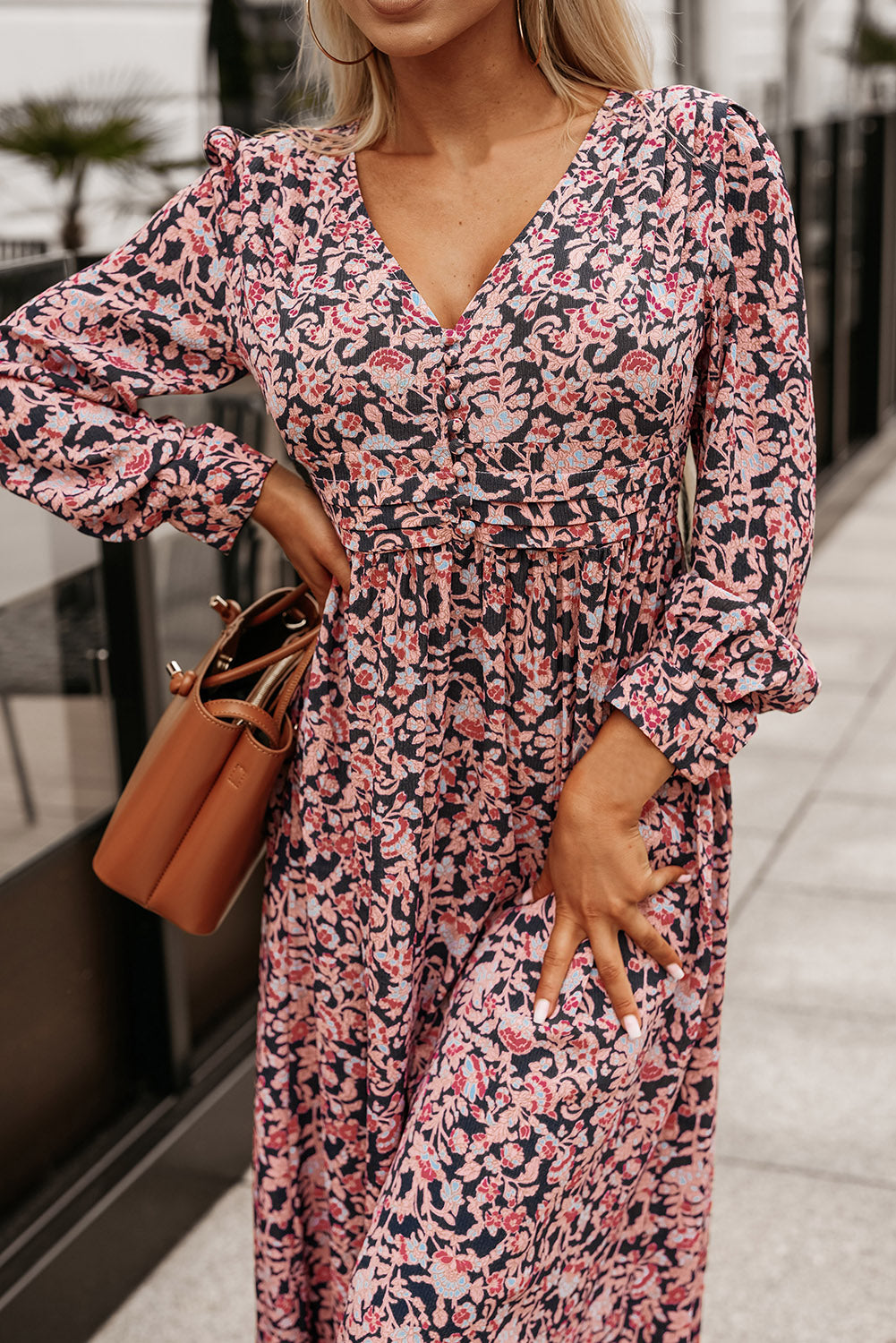 Printed V-Neck Long Sleeve Maxi Dress