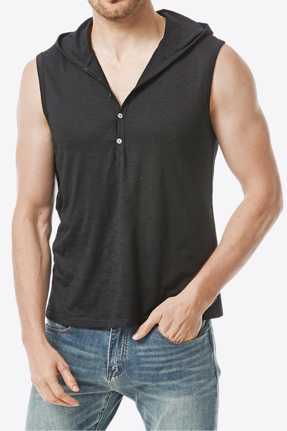 Quarter-Button Sleeveless Hoodie