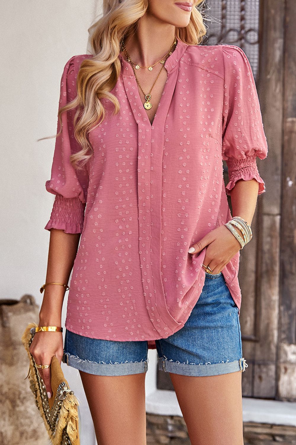 Textured Notched Neck Puff Sleeve Blouse