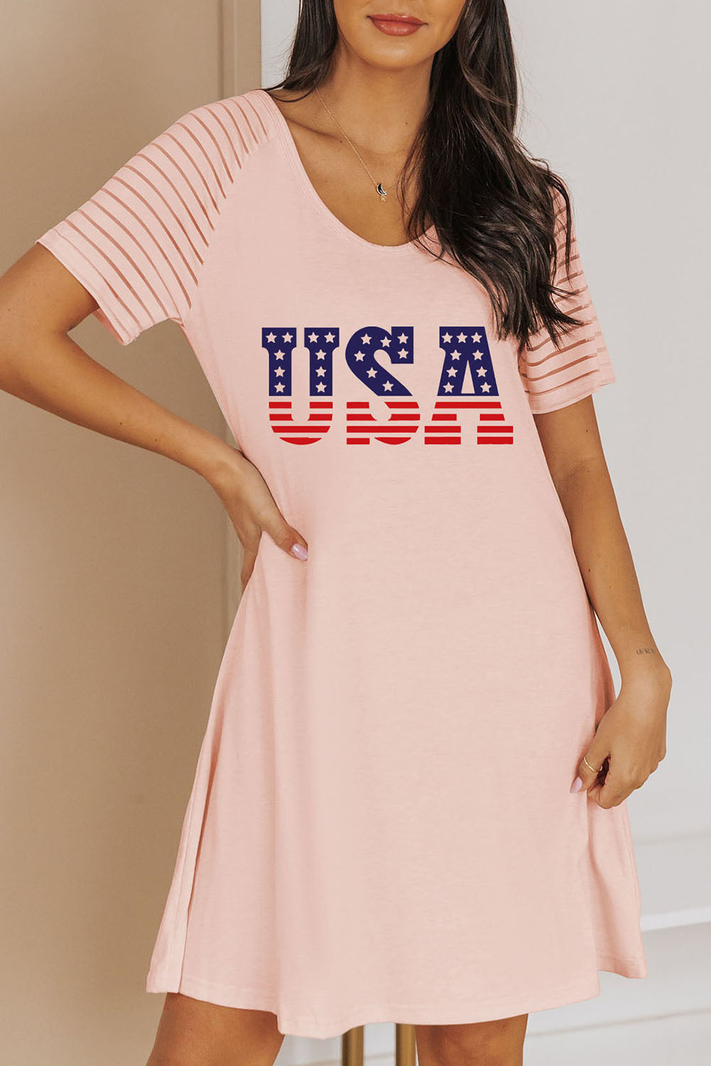 USA Sheer Striped Raglan Sleeve Tee Dress