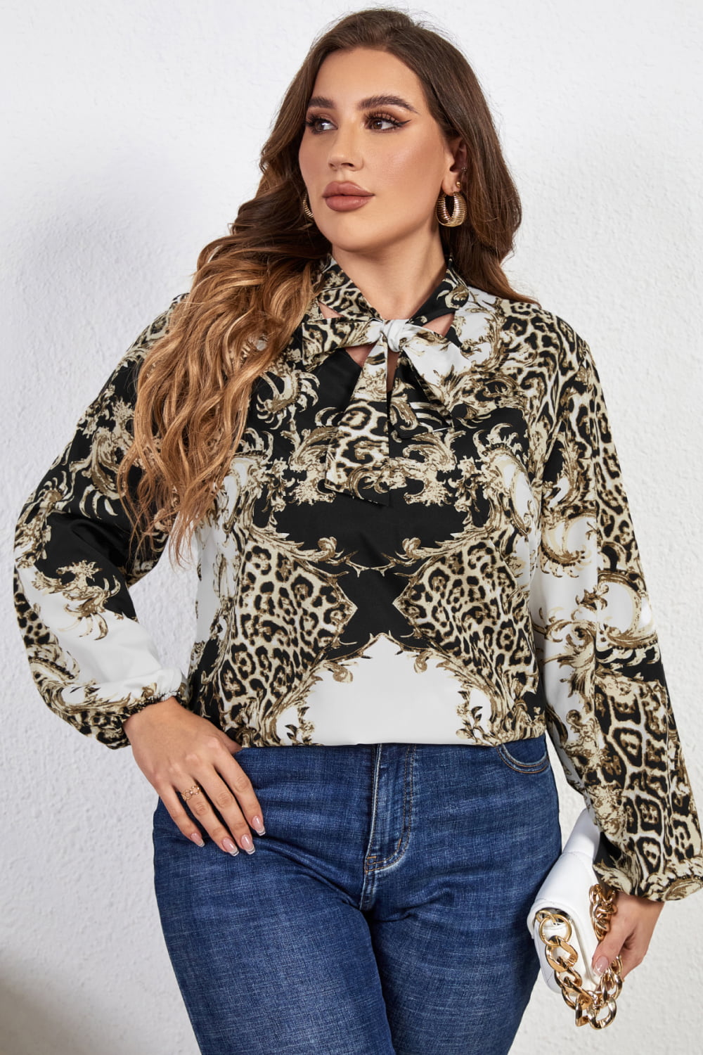 Melo Apparel Plus Size Printed Tie Neck Long Sleeve Blouse