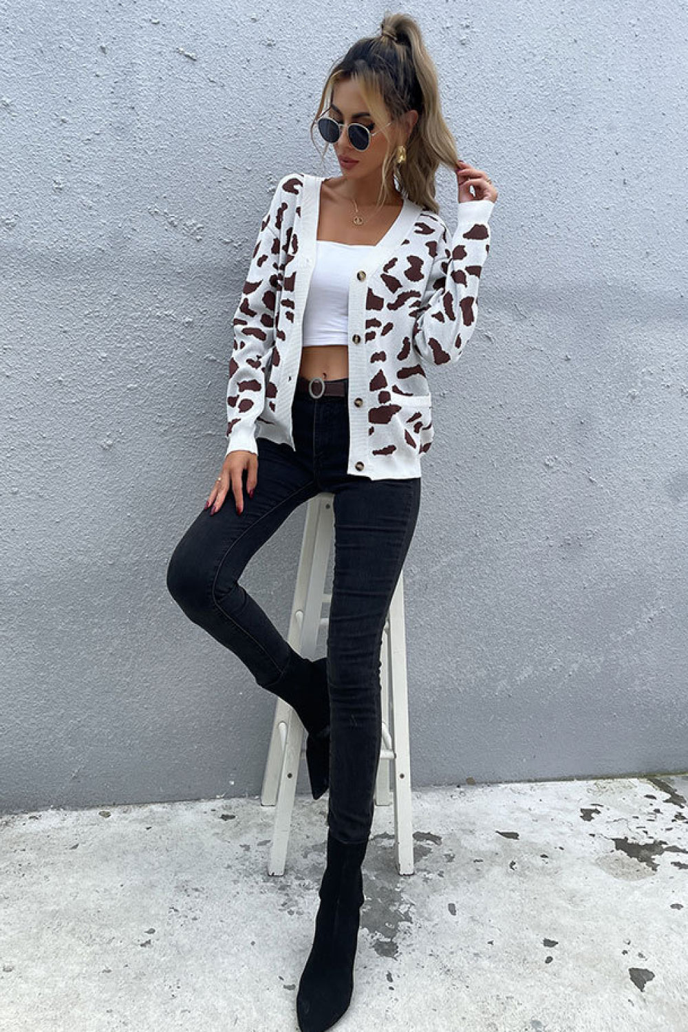 Woven Right Animal Print Button Front Sweater Cardigan