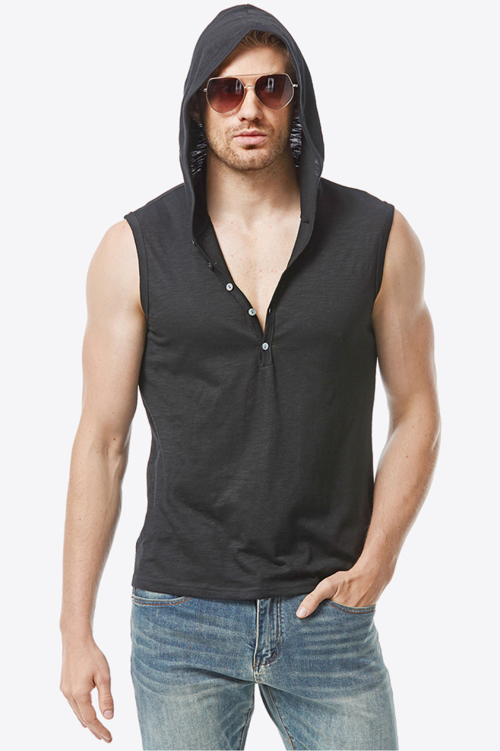 Quarter-Button Sleeveless Hoodie