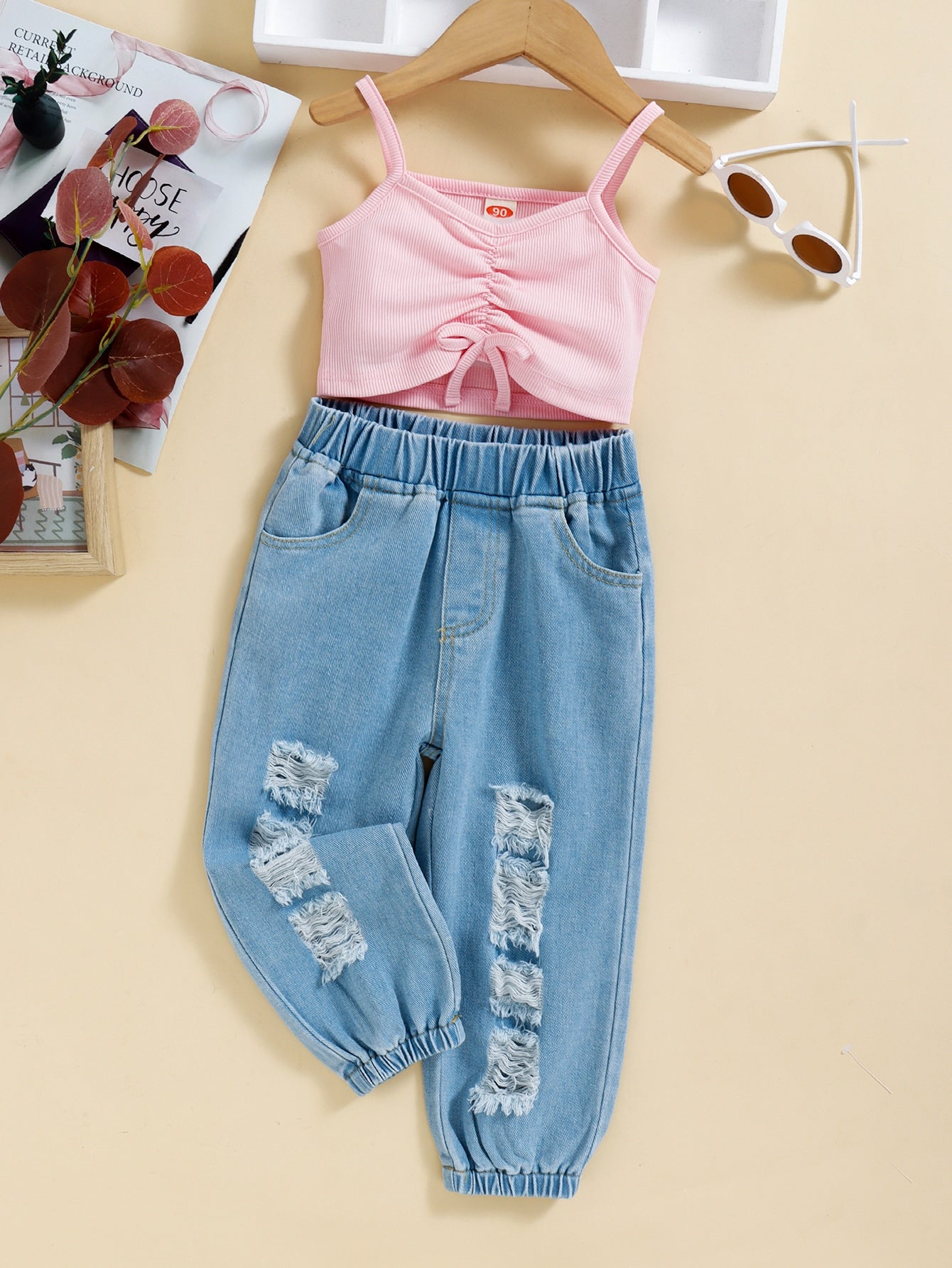 Girls Drawstring Cami and Distressed Jeans Set