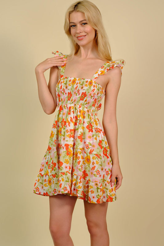 Floral Smocked Square Neck Mini Dress