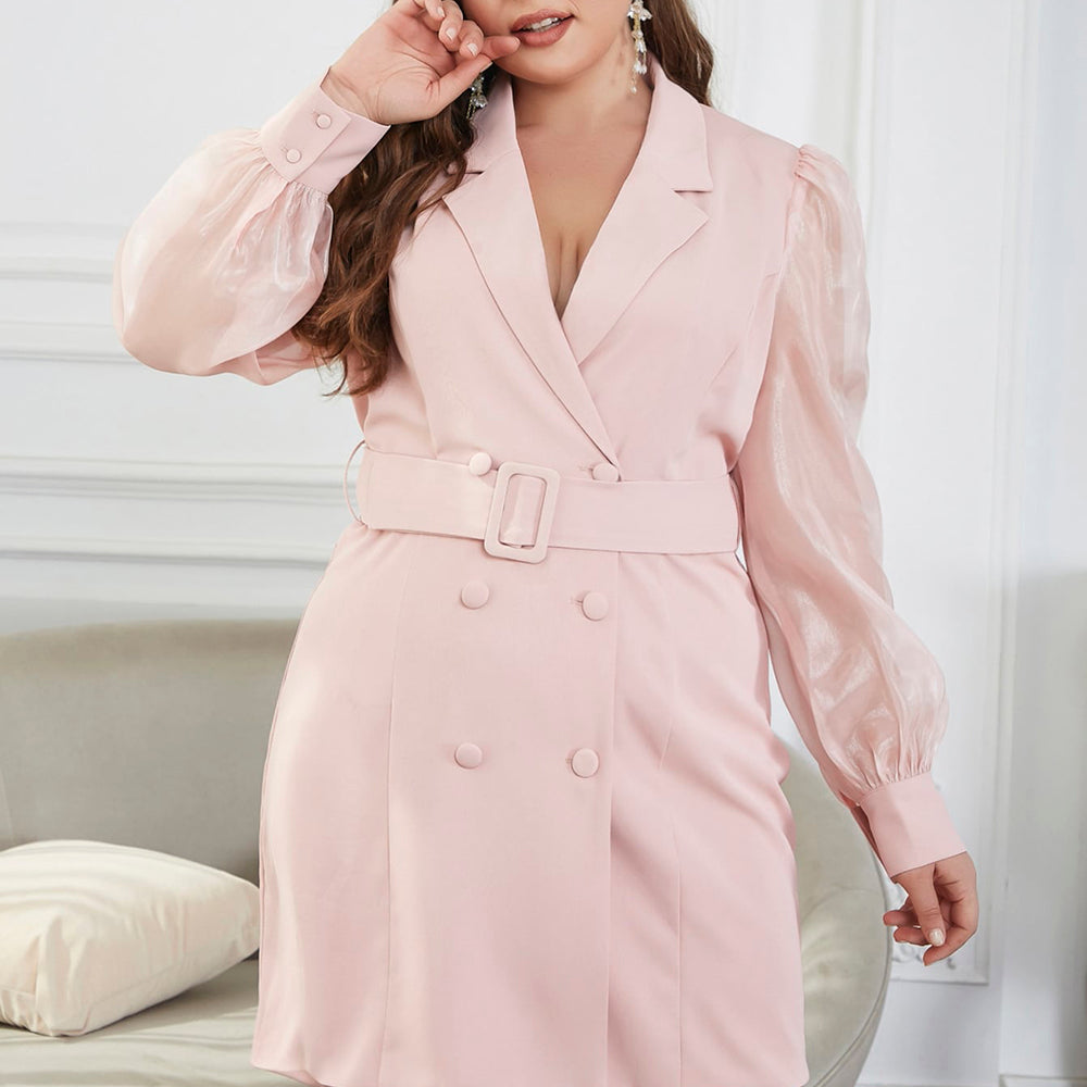 Plus Size Lapel Collar Belted Bishop Sleeve Dress