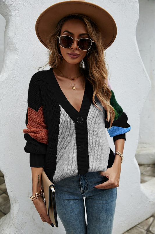 Contrast Button Front V-Neck Cardigan