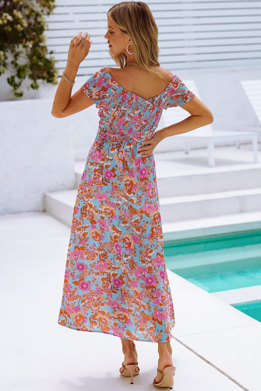 Floral Crisscross Smocked Off-Shoulder Dress